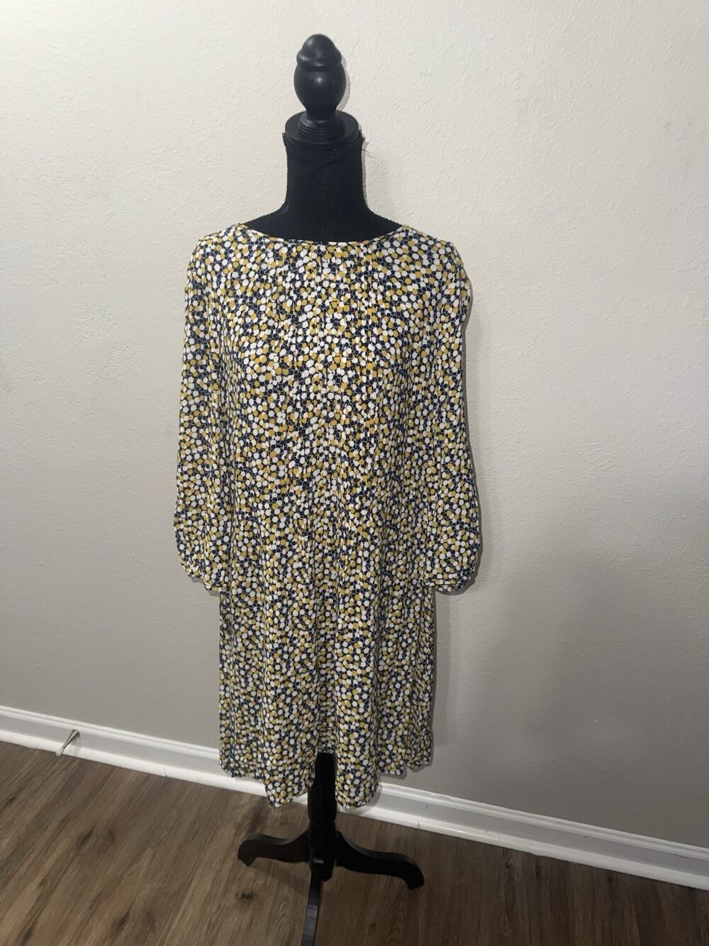 Boden Yellow Navy Blue Bubble Dot Dress US 12L Long Sleeve Shift Geometric Mod